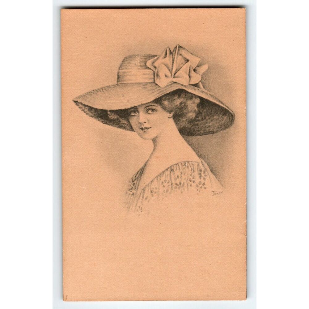 Glamour Beautiful Women In Large Oversize Victorian Hat Vintage Postcard Antique